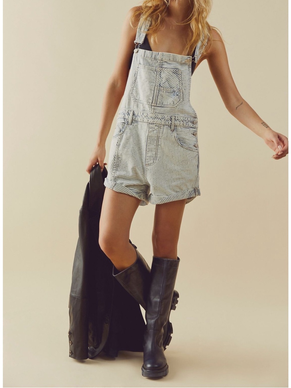 We The Free Light Blue Striped Denim Short ziggy Overalls